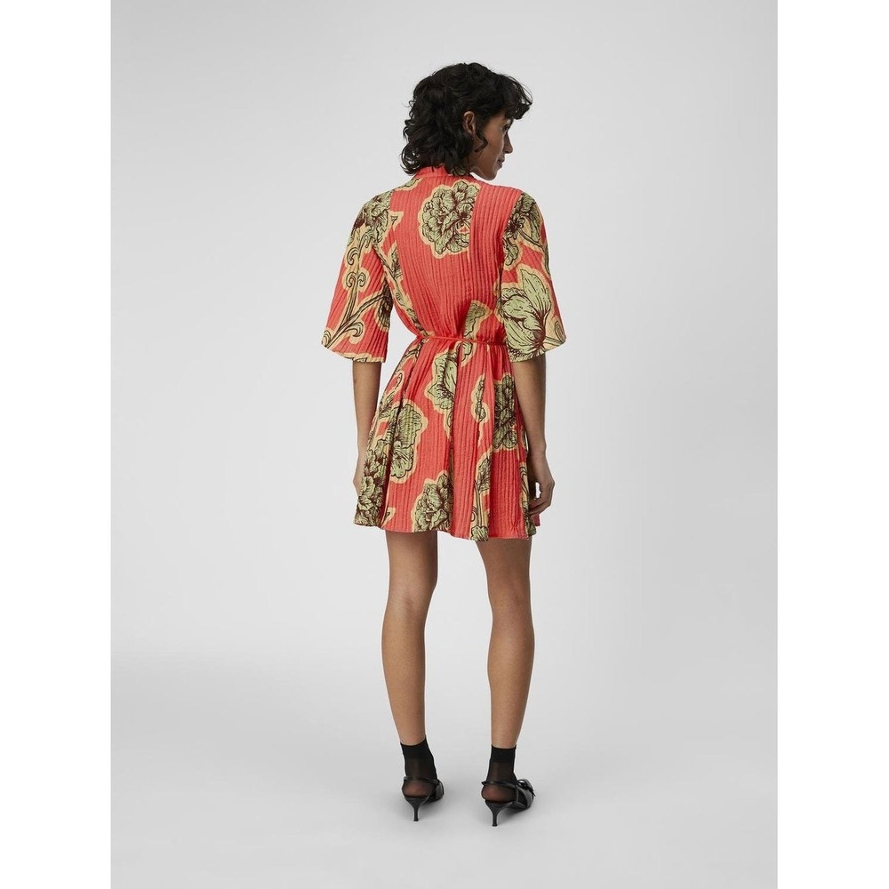 Object Collectors Item Floral Mini Dress Red Coral‎ Green Short Sleeve Size 36 - Picture 4 of 10